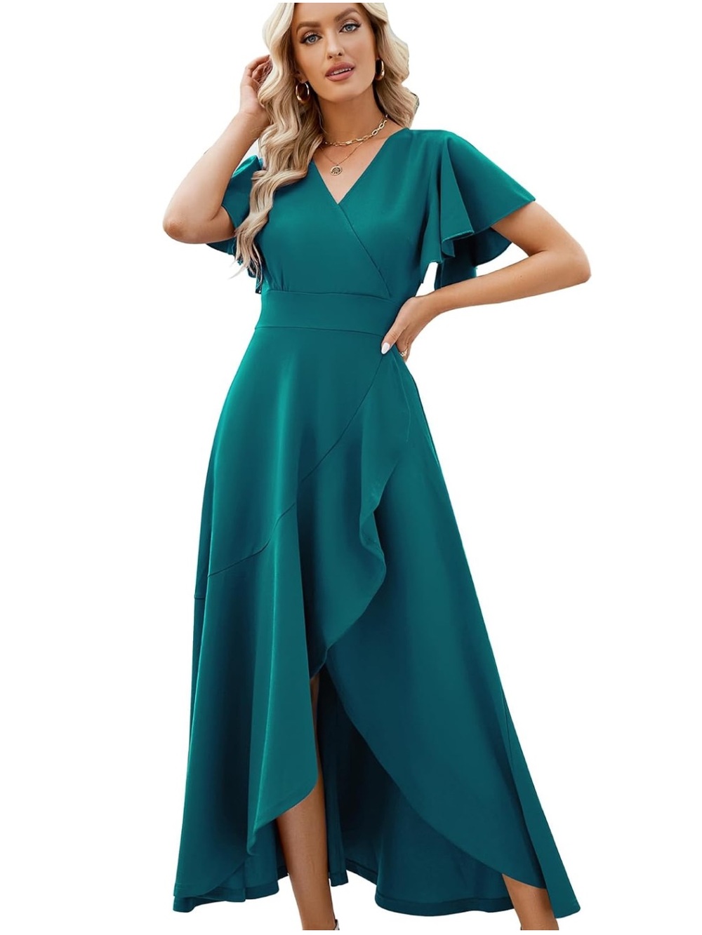 Women's Elegant Teal V-Neck Ruffle Maxi Dress Size XL NWT
